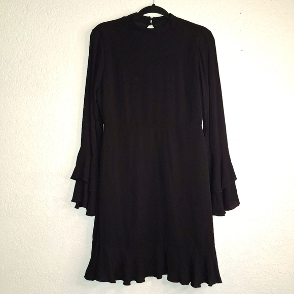 New PPLA Dress Long Bell Sleeve Knee Length High Neck Black Medium - Picture 1 of 12